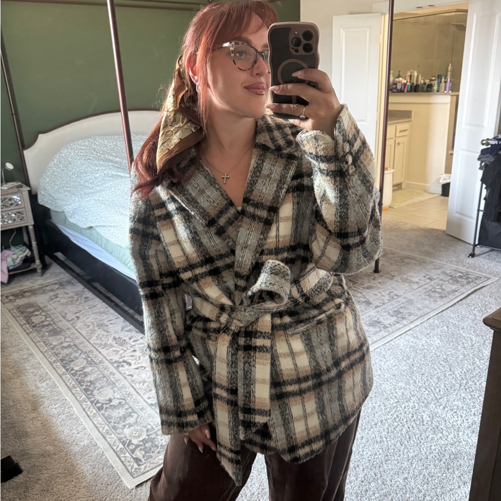 Good American Plaid Belted Blazer Jacket